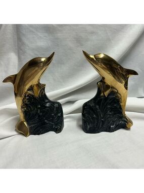 Vintage Brass Metal Dolphin With Ocean Waves Nautical Bookends MCM 70s
